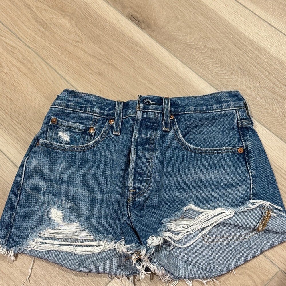 Levi's 501 Dark Blue Distressed Jean Shorts